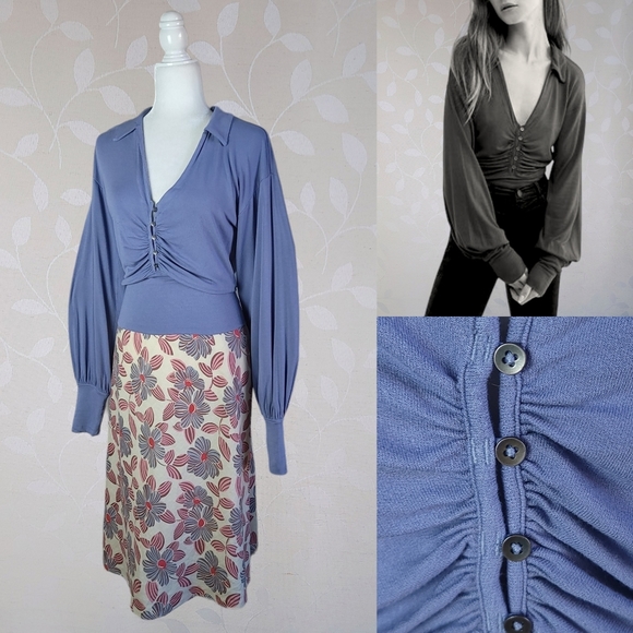 Free People Tops - Free People Sydney's Party Plunge Neck Ruched Bishop Long Sleeve Top Blue